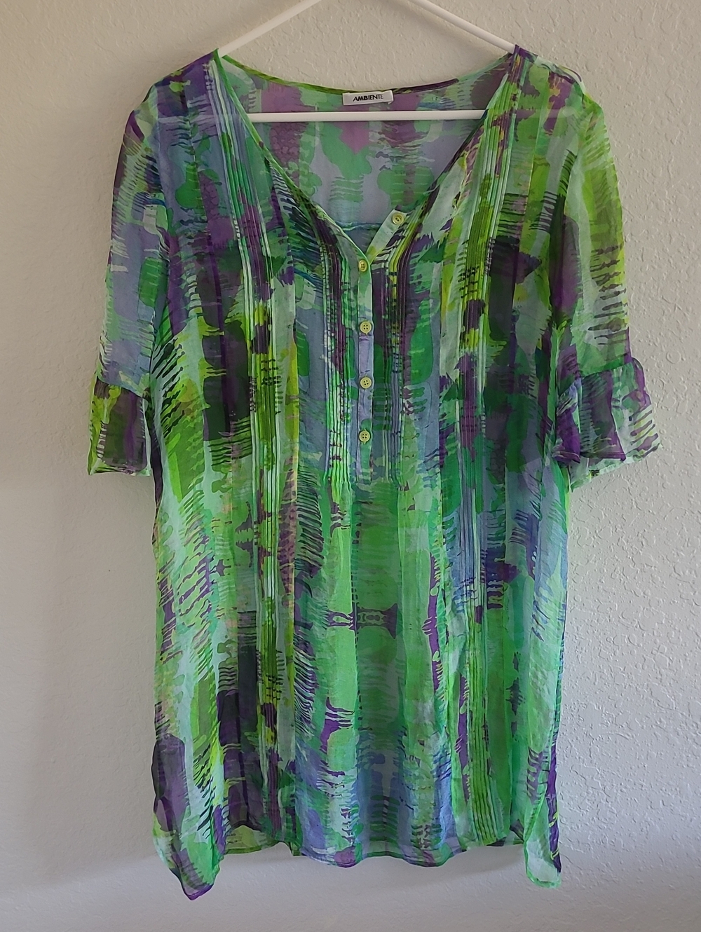 Ambiente Silk Green & Purple Sheer Pintuck V-Neck Tunic Top. Sz 10.